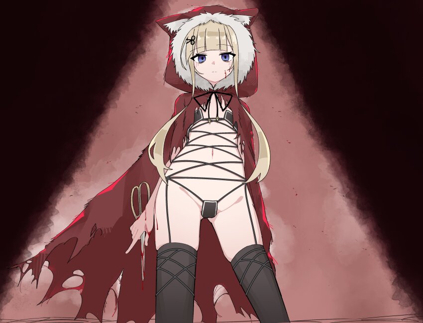 1girl absurdres amanogawa_shiina bikini black_bikini black_souls black_souls_2 black_thighhighs blonde_hair blood blood_on_face blue_eyes blush closed_mouth commentary commission cosplay cowboy_shot english_commentary flat_chest highres holding holding_scissors hood lyrinne navel phase_connect red_hood red_hood_(black_souls) red_hood_(black_souls)_(cosplay) revealing_clothes scissors scissors_hair_ornament second-party_source solo string_bikini swimsuit thighhighs virtual_youtuber