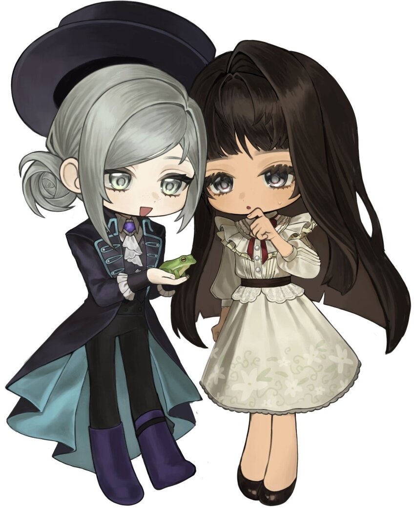 2girls :d :o albadove animal ascot black_coat black_hair black_hat black_pants black_shoes black_vest boater_hat boots bow bowtie coat deformed dress frog full_body grey_eyes grey_hair hair_bun hand_on_own_chin hat highres holding holding_animal long_dress looking_at_animal looking_at_hand multiple_girls open_mouth original pants purple_boots red_bow red_bowtie reverse:1999 shirt shoes short_hair single_side_bun smile standing vertin_(reverse:1999) vest waistcoat white_ascot white_background white_dress white_shirt