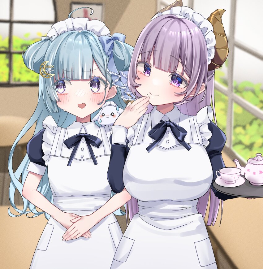 2girls absurdres alternate_costume amaui animal animal_on_shoulder apron black_bow black_bowtie black_dress blue_bow blue_hair blunt_bangs blush bow bowtie breasts closed_mouth commentary_request commission cowboy_shot crescent crescent_hair_ornament cup demon_girl demon_horns dress enmaided hair_bow hair_ornament highres holding holding_tray horns indoors juliet_sleeves large_breasts long_hair long_sleeves looking_at_viewer looking_to_the_side maid maid_apron maid_headdress multicolored_hair multiple_girls nanashi_inc. open_mouth puffy_short_sleeves puffy_sleeves purple_eyes purple_hair rabbit saionji_mary saucer short_sleeves skeb_commission small_breasts smile tamotsu_(mary) teacup teapot tray two-tone_hair virtual_youtuber white_apron white_hair window