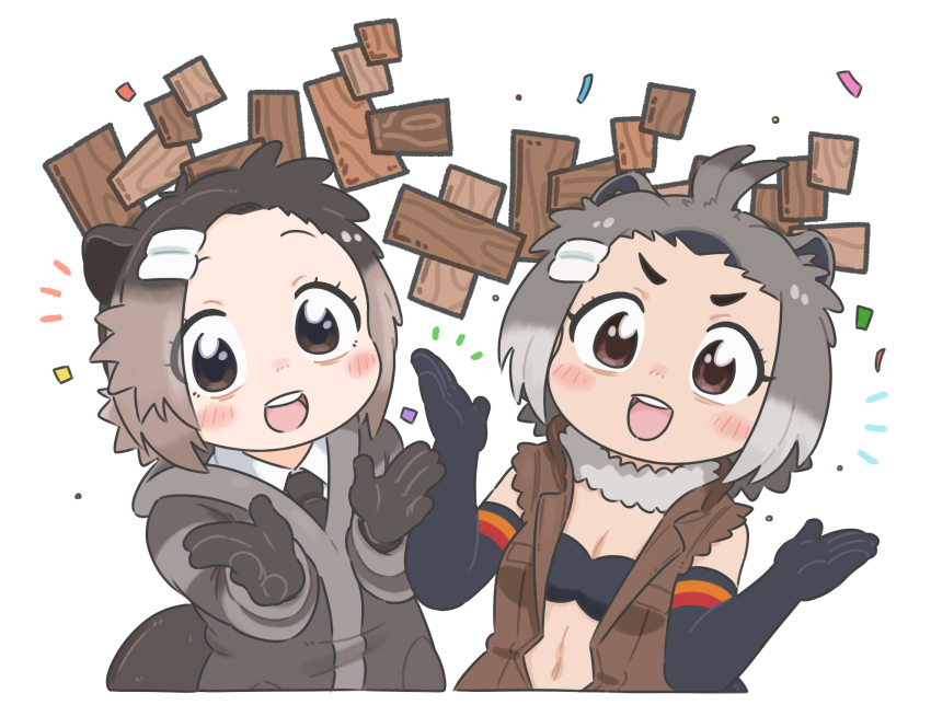2girls :d american_beaver_(kemono_friends) animal_ear_fluff animal_ears antenna_hair appleq beaver_ears black_gloves black_jacket black_necktie blush_stickers breasts brown_eyes brown_jacket cleavage collared_shirt commentary_request confetti elbow_gloves eurasian_beaver_(kemono_friends) forehead gloves grey_hair hair_ornament hairclip highres jacket kemono_friends looking_at_viewer multiple_girls necktie open_mouth shirt short_eyebrows short_hair shrugging simple_background sleeveless sleeveless_jacket small_breasts smile thick_eyebrows translation_request v-shaped_eyebrows white_background white_shirt