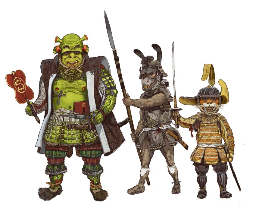 3boys absurdres armor cat colored_skin donkey donkey_(shrek) dreamworks full_body green_skin hand_fan helmet highres holding holding_fan holding_polearm holding_sword holding_weapon japanese_armor kabuto_(helmet) looking_at_viewer male_focus mossacannibalis multiple_boys muscular muscular_male nipple_piercing no_humans ogre open_mouth piercing polearm puss_in_boots_(shrek) samurai sandals shrek shrek_(series) simple_background spear sword teeth warrior weapon white_background
