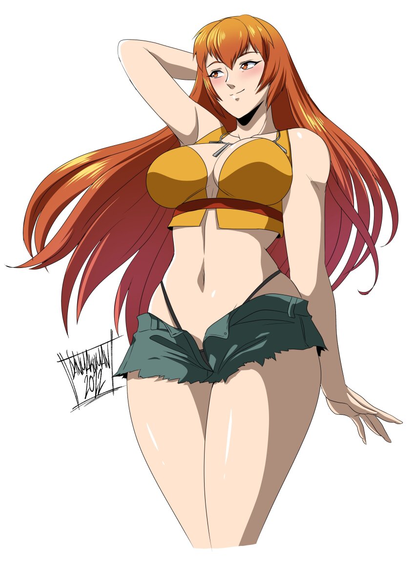 1girl 2022 absurdres arm_at_side arm_behind_head armpits black_panties blush breasts cleavage crop_top danmakuman denim denim_shorts hair_between_eyes highleg highleg_panties highres jewelry joy_(shenmue) large_breasts long_hair looking_away midriff navel necklace open_fly orange_eyes orange_hair panties sega shenmue shenmue_ii shenmue_the_animation shorts sidelocks signature smile solo thighs thong underwear whale_tail_(clothing)