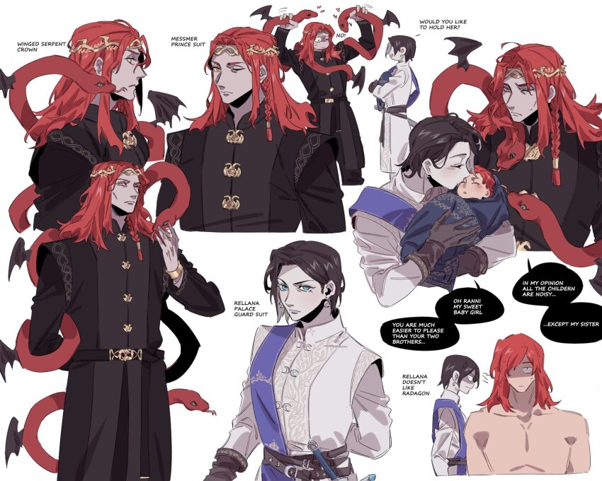 baby black_hair blue_eyes blue_sash carrying_baby carrying_person elden_ring elden_ring:_shadow_of_the_erdtree english_text glaring highres kiss kissing_forehead long_hair lunar_princess_ranni messmer_the_impaler nozakikotaro4 radagon_of_the_golden_order ranni_the_witch red_hair sash snake sword topless_male weapon white_background