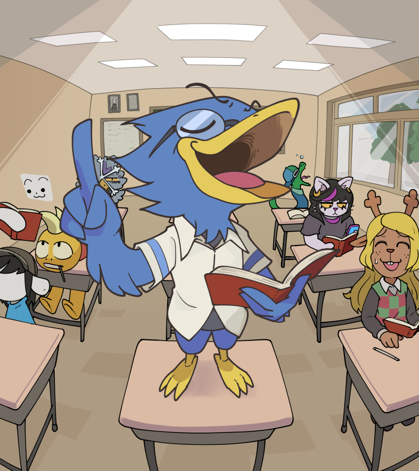 1other 3boys 3girls :&lt; backwards_hat beak berdly_(deltarune) bird_boy black_hair blonde_hair book buck_teeth cat_girl catti_(deltarune) classroom closed_eyes colored_sclera deltarune desk earrings freckles glasses hat highres holding holding_book houten_(dre_a_mer) in-universe_location indoors jewelry jockington long_hair monster_boy monster_girl monster_kid_(deltarune) multicolored_hair multiple_boys multiple_girls noelle_holiday perspective reindeer_girl shirt smug snake snowdrake standing_on_desk streaked_hair sweater_vest teeth temmie unamused window yellow_sclera