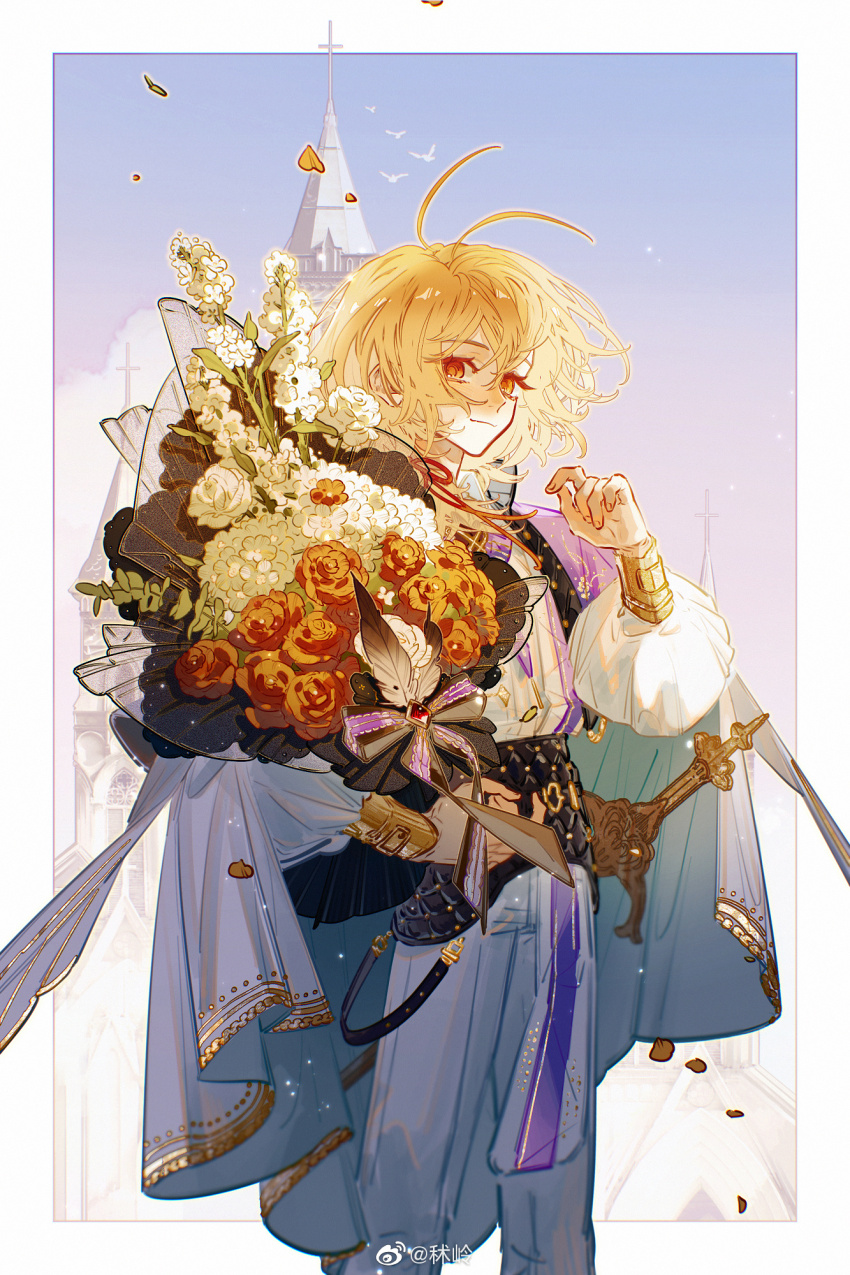 1boy antenna_hair bird black_corset blonde_hair blue_sky border bouquet bow bowtie cape castle closed_mouth collared_shirt corset falling_petals feathers feet_out_of_frame flower gold_chicken_shred_(the_tale_of_food) gold_trim hair_between_eyes hair_over_shoulder hair_ribbon hand_up highres holding holding_bouquet long_sleeves looking_at_viewer low_ponytail male_focus medium_hair official_alternate_costume orange_flower orange_rose outside_border pants petals ponytail puffy_long_sleeves puffy_sleeves purple_bow purple_bowtie red_eyes red_ribbon ribbon rose sheath sheathed shirt shirt_tucked_in shuling sideways_glance sky smile solo standing sword the_tale_of_food watermark weapon weibo_watermark white_border white_cape white_flower white_pants white_shirt