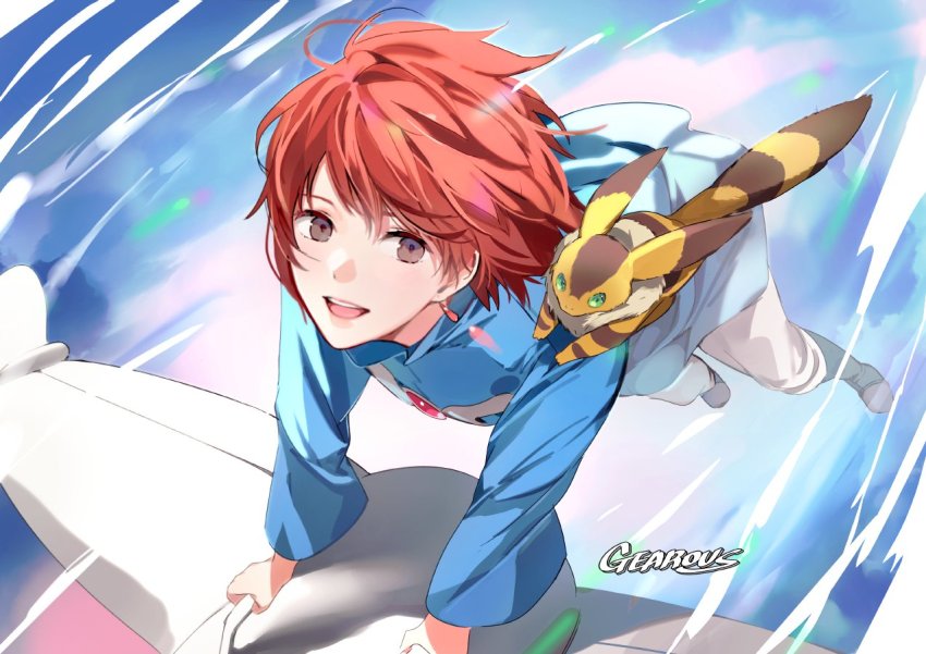 1girl aircraft animal animal_on_shoulder ankle_boots artist_name blue_background blurry blurry_background boots brown_eyes brown_hair earrings facing_viewer floating_hair from_above full_body gearous happy jewelry kaze_no_tani_no_nausicaa light_smile lips long_sleeves looking_at_another looking_to_the_side mehve messy_hair motion_lines nausicaa pants short_hair solo speed_lines tareme teeth teto_(nausicaa) upper_teeth_only