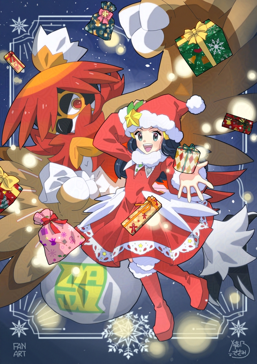 1girl :d absurdres akari_(pokemon) alternate_costume black_hair boots box christmas commentary_request dress eyelashes gift gift_box grey_eyes hair_ornament hairclip happy hat highres hisuian_decidueye long_hair long_sleeves nintendo open_mouth platform_boots pokemon pokemon_(creature) pokemon_dppt red_boots red_dress red_hat sasami_642 signature smile spread_fingers teeth tongue upper_teeth_only