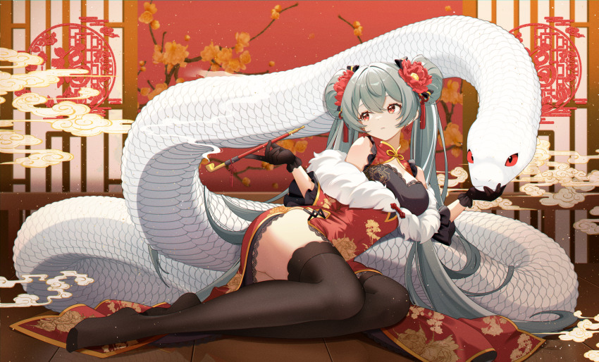 1girl 2025 alternate_eye_color alternate_hair_color black_gloves breasts china_dress chinese_clothes chinese_zodiac cleavage_cutout clothing_cutout dress gloves grey_hair happy_new_year hatsune_miku highres holding holding_smoking_pipe long_hair long_legs medium_breasts new_year pelvic_curtain red_eyes side_slit smoking_pipe snake thighhighs thighs twintails very_long_hair vocaloid yamaha year_of_the_snake yoshitoki_(kisshin)