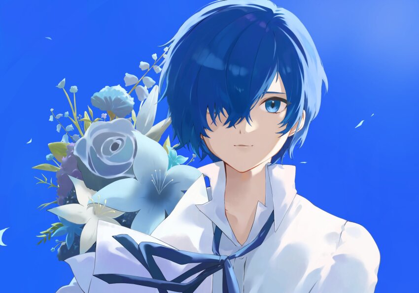1boy blue_background blue_eyes blue_flower blue_hair blue_ribbon blue_theme closed_mouth collared_shirt falling_petals floral_background flower hair_over_one_eye highres konchi_(63438789) light_smile looking_at_viewer loose_neck_ribbon male_focus neck_ribbon persona persona_3 petals portrait ribbon shirt short_hair solo straight-on upper_body white_shirt yuuki_makoto_(persona_3)
