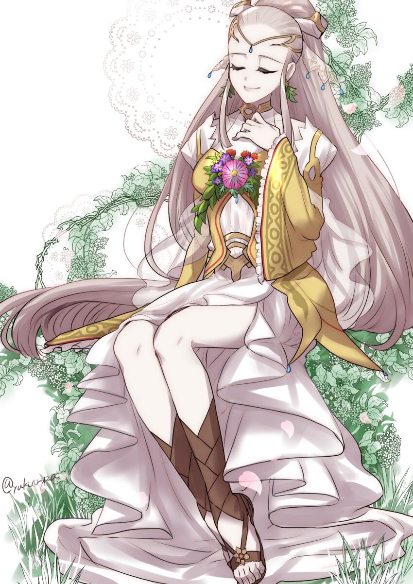 1girl breasts closed_eyes eir_(fire_emblem) eir_(life_ascendant)_(fire_emblem) facing_viewer fire_emblem fire_emblem_heroes gladiator_sandals high_ponytail highres long_hair medium_breasts nintendo official_alternate_costume pale_skin ponytail sandals sidelocks sitting solo white_hair yuki_cryp_a