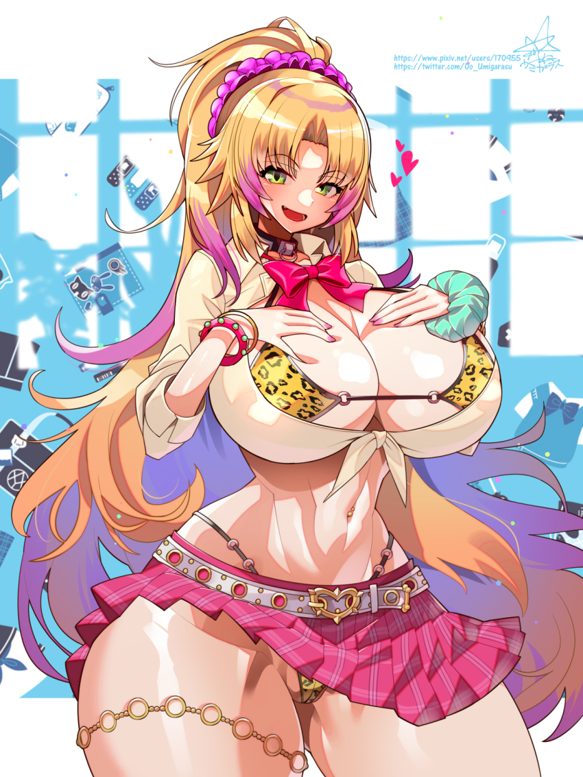 1girl :d amesuku_gyaru animal_print bag bangle barbariana_(last_origin) belt bikini black_choker blonde_hair blush bow bowtie bracelet breast_suppress breasts buckle cameltoe cat_print cellphone choker cleavage collarbone collared_shirt curvy fang floating_paper gem gluteal_fold gold_thighlet gradient_hair green_eyes green_gemstone green_scrunchie groin gyaru hair_ornament hair_scrunchie handbag heart heart-shaped_buckle heart_belt_buckle highleg highleg_bikini highres huge_breasts indoors jewelry kogal last_origin leopard_print leopard_print_bikini light_particles linea_alba long_hair long_sleeves looking_at_viewer micro_bikini microskirt midriff multicolored_hair nail_polish navel navel_piercing o-ring o-ring_bikini o-ring_bikini_bottom o-ring_choker o-ring_thigh_strap o-ring_top official_alternate_costume open_mouth paizuri_invitation paper parted_bangs partially_visible_vulva phone piercing pink_bow pink_bowtie pink_hair pink_nails pink_skirt pixiv_id plaid_clothes plaid_skirt pleated_skirt ponytail purple_scrunchie rabbit_print revealing_clothes school_uniform scrunchie shiny_skin shirt signature skirt smile solo standing stomach streaked_hair sweater swimsuit teeth thick_thighs thigh_strap thighs thong thong_bikini tied_shirt tongue twitter_username umigarasu_(kitsune1963) underboob very_long_hair white_belt white_shirt wide_hips wrist_scrunchie