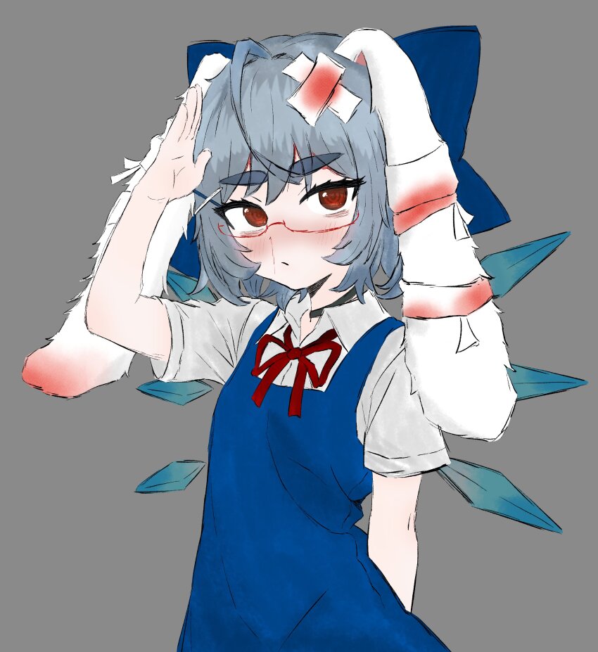 1girl @_@ absurdres ahoge alternate_hairstyle animal_ears arm_behind_back bandages blood blood_stain blue_bow blue_dress blue_hair blush bow cirno cirno_(cosplay) collared_shirt cosplay dot_nose dress grey_background hair_bow hair_ornament highres hikimayu ice ice_wings indie_virtual_youtuber light_blue_hair lop_rabbit_ears medium_hair neck_ribbon noiriririri nosebleed para_(vtuber) rabbit_ears red-framed_eyewear red_eyes red_ribbon ribbon salute semi-rimless_eyewear shirt short_sleeves tareme touhou under-rim_eyewear upper_body virtual_youtuber white_shirt wings x_hair_ornament