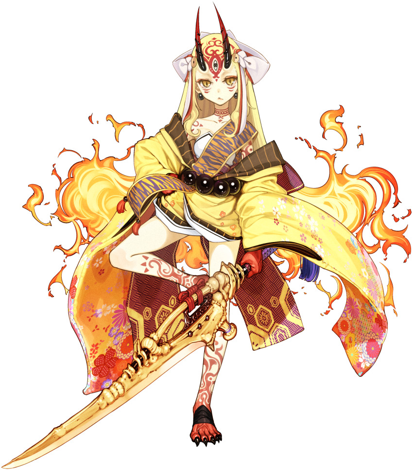 1girl absurdres bare_shoulders blonde_hair earrings fate/grand_order fate_(series) feet fire fire floral_pattern hand_on_own_hip hidari_(left_side) highres horns ibaraki_douji_(fate) japanese_clothes jewelry kimono legs long_hair looking_at_viewer monster_girl off_shoulder official_art oni oni_horns pointy_ears slit_pupils standing standing_on_one_leg tattoo toenails toes tree yellow_eyes yellow_kimono