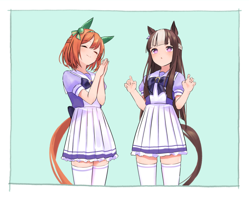 2girls alternate_hairstyle animal_ears bow brown_hair cowboy_shot ear_covers eye_color_switch hair_color_switch hairstyle_switch highres hime_cut horse_ears horse_girl horse_tail katuko_deluxe multiple_girls orange_hair purple_bow purple_eyes purple_shirt sailor_collar school_uniform serafuku shirt short_hair sidelocks silence_suzuka_(umamusume) special_week_(umamusume) tail thighhighs tracen_school_uniform umamusume white_hair white_sailor_collar white_thighhighs