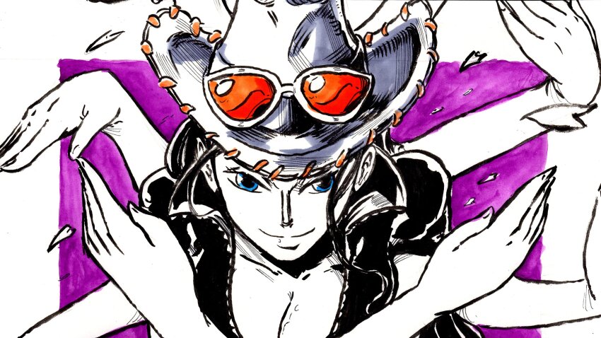 1girl 2019 blue_eyes collarbone commentary cowboy_hat devil_fruit_power english_commentary extra_arms hana_hana_no_mi hat highres jacket long_hair looking_at_viewer maeca_art nico_robin nico_robin_(return_to_sabaody) one_piece orange-tinted_eyewear petals purple_background short-sleeved_jacket short_sleeves sidelocks simple_background smile solo tinted_eyewear upper_body zipper