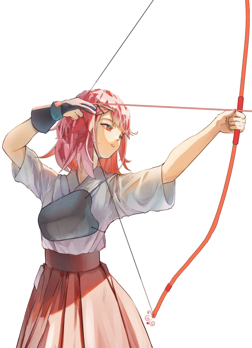 1girl absurdres archery bow_(weapon) cowboy_shot hakama highres japanese_clothes kimono medium_hair muneate original red_eyes red_hair red_hakama short_sleeves simple_background snoeflaefk solo weapon white_background white_kimono