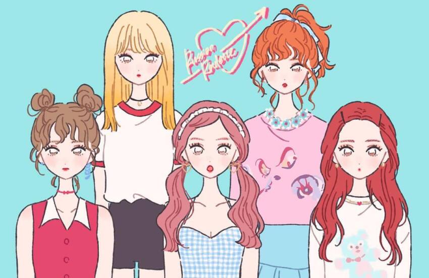 5girls black_shorts blonde_hair blue_background blunt_bangs brown_hair choker commentary double_bun earrings english_commentary hair_bun irene_(red_velvet) jewelry joy_(red_velvet) k-pop looking_at_viewer medium_hair multiple_girls orange_hair ponytail real_life red_hair red_shirt red_velvet_(group) rikuwo seulgi_(red_velvet) shirt shorts simple_background sleeveless sleeveless_shirt t-shirt twintails wendy_(red_velvet) yeri_(red_velvet)