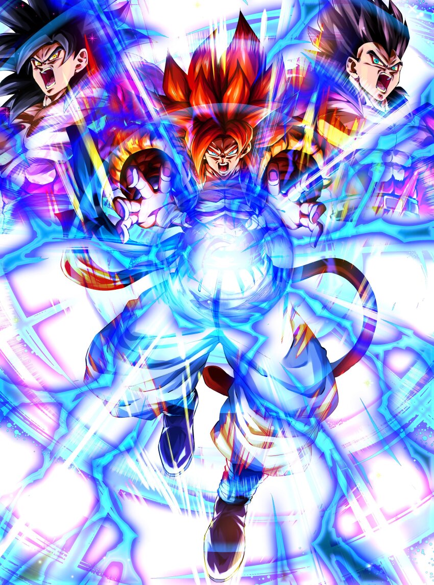 absurdres big_bang_kamehameha black_hair blue_eyes blue_sash body_fur dragon_ball dragon_ball_gt energy energy_ball gogeta highres incoming_attack kamehameha_(dragon_ball) long_hair looking_at_viewer male_focus metamoran_vest monkey_boy monkey_tail multiple_boys muscular muscular_male no_nipples open_mouth pants pectorals red_fur red_hair rz28kp saiyan sash son_goku spiked_hair super_saiyan super_saiyan_4 tail teeth vegeta white_pants