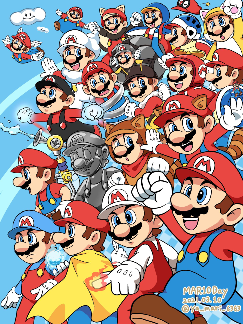 6+boys animal_costume balloon_mario bee_costume bee_mario birthday blue_sky boomerang cape cape_mario cappy_(mario) cat_costume cat_mario cloud_mario f.l.u.d.d. fire fire_mario flying flying_mario gloves grin hat highres ice ice_mario jumping mario mario_(series) metal_mario multiple_boys new_super_mario_bros._2 new_super_mario_bros._u_deluxe new_super_mario_bros._wii nintendo one_eye_closed open_mouth penguin_costume penguin_mario power-up raccoon_costume raccoon_mario raccoon_tail sky smile spring_mario super_mario_3d_land super_mario_3d_world super_mario_64 super_mario_bros._1 super_mario_bros._3 super_mario_galaxy super_mario_galaxy_2 super_mario_odyssey super_mario_sunshine super_mario_world tail tanooki_mario water wing_cap wing_mario wink yellow_cape