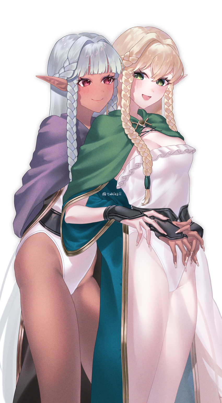2girls absurdres aqua_hair belly_rub blonde_hair blush braid breasts cleavage cloak dark-skinned_female dark_elf dark_skin dress elf eltolinde_(unicorn_overlord) green_cloak green_eyes highres leotard long_hair multiple_girls pointy_ears purple_cloak red_eyes rosalinde_(unicorn_overlord) see-through_clothes see-through_dress see-through_skirt siblings sisters skirt smile strapless tuki42ii twin_braids twins ueda_reina unicorn_overlord very_long_hair voice_actor_connection white_leotard
