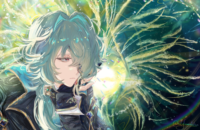 1boy absurdres anaxa_(honkai:_star_rail) aqua_hair black_jacket blue_eyes closed_mouth eyepatch fingerless_gloves gloves head_rest highres holylamentation honkai:_star_rail honkai_(series) jacket looking_to_the_side male_focus medium_hair one_eye_covered pink_pupils side_ponytail solo upper_body