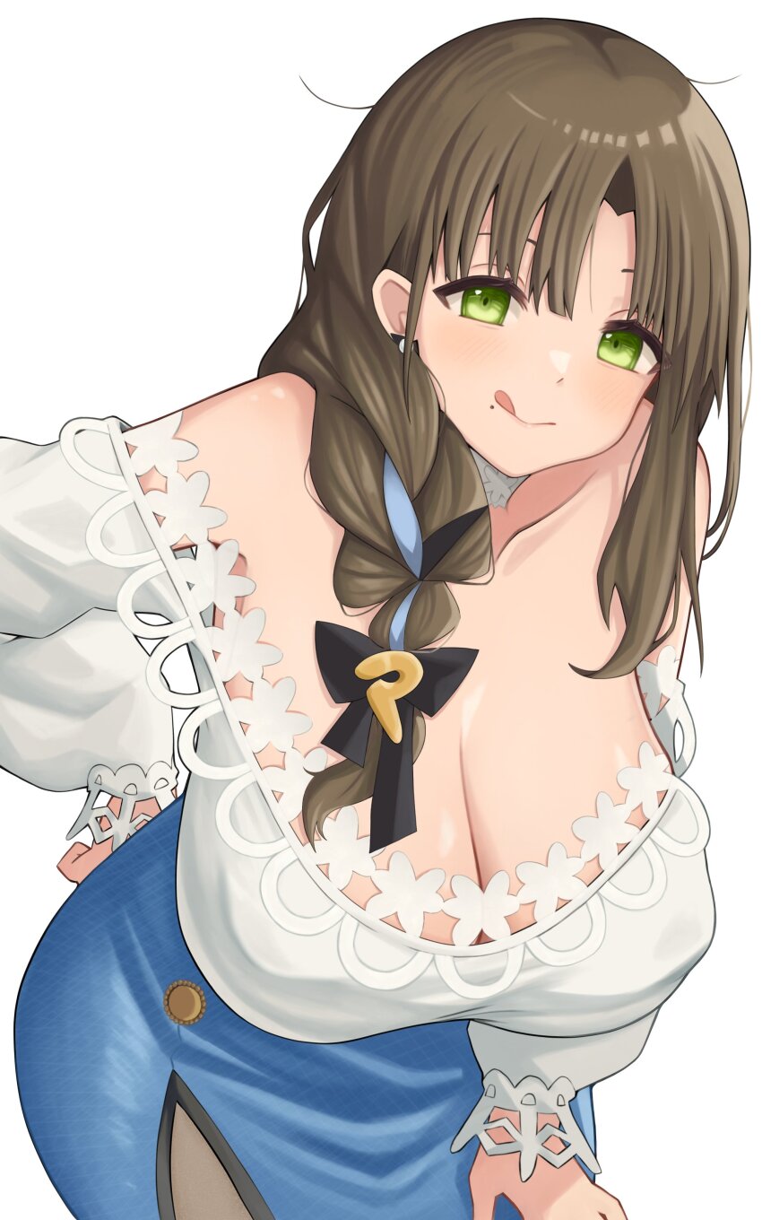 1girl :q absurdres black_bow blouse blue_hair blue_skirt bow braid breasts brown_hair cleavage commentary_request green_eyes hair_bow hand_on_lap hand_on_own_hip hand_on_own_leg hand_on_own_thigh highres indie_virtual_youtuber large_breasts leaning_forward legs long_sleeves looking_at_viewer mature_female mole mole_under_mouth multicolored_hair nyu-tan94 pantyhose shirt side_slit skirt smile solo streaked_hair thighs tongue tongue_out tsukushibara_sumine virtual_youtuber white_background white_shirt