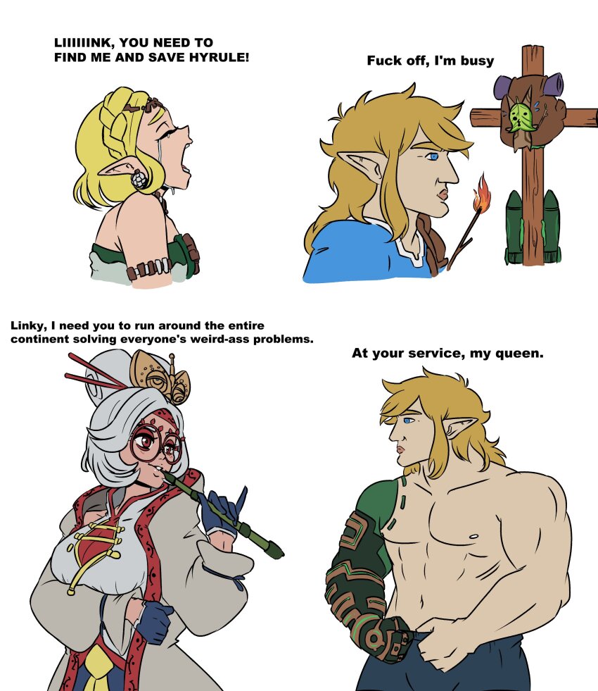 1boy 2girls absurdres backpack bag bare_shoulders blonde_hair blue_eyes blue_gloves blue_pants blue_shirt blush bow-shaped_hair braid breasts closed_mouth coat collarbone crown_braid crucifixion crying crying_asagiri_aya_(meme) dress earrings english_text eye_contact eyewear_on_head fire flat_color flute flying_sweatdrops from_side glasses gloves grey_coat grey_hair grey_shirt hair_ornament hair_stick half_gloves hand_up happy headband high_collar highres holding holding_instrument instrument jewelry korok large_breasts light_blush link long_sleeves looking_at_another medium_hair meme multiple_girls multiple_views muscular muscular_male navel necklace nervous nintendo nipples open_clothes open_coat open_mouth pants parted_lips pectorals pinky_out pointy_ears princess_zelda profanity profile prosthesis purah raised_eyebrows recorder red-framed_eyewear red_eyes red_headband rocket round_eyewear sad shirt short_hair sidelocks sleeveless sleeveless_shirt smile standing stick stomach strapless strapless_dress talking tears teeth the_legend_of_zelda the_legend_of_zelda:_tears_of_the_kingdom theupbringer topless_male upper_body wood yes_chad_(meme) zonai_device