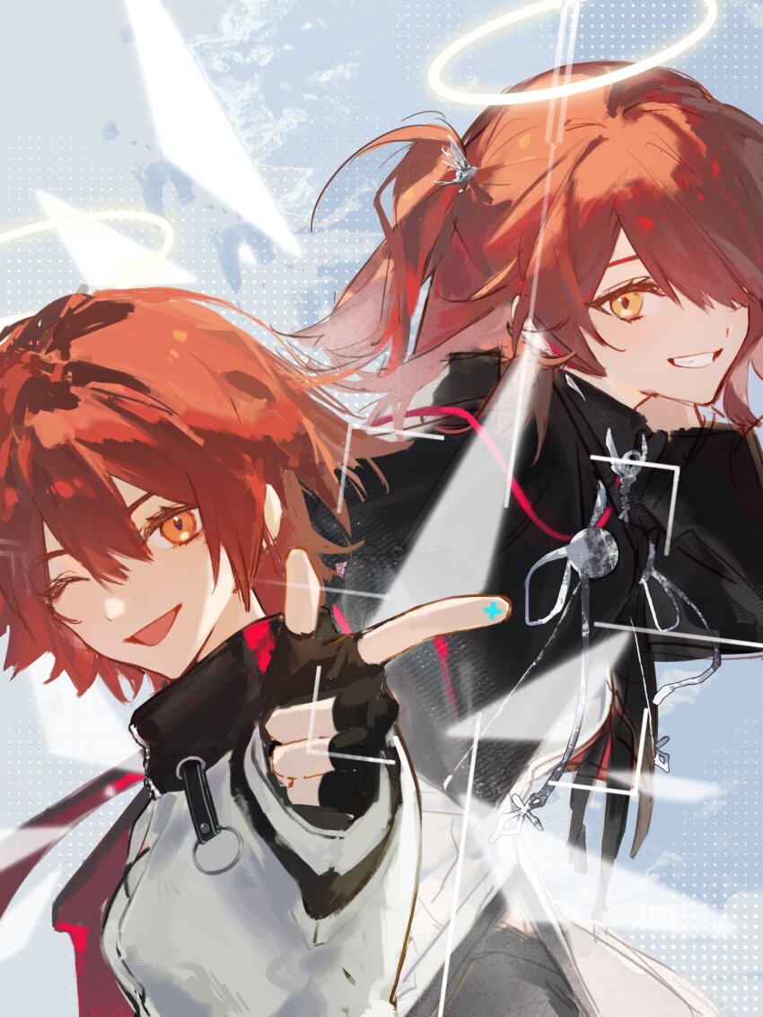 2girls angel_wings arknights black_jacket breasts detached_wings energy_wings exusiai_(arknights) exusiai_the_new_covenant_(arknights) fingerless_gloves gloves gun guozhihanliangweida_10 hair_over_one_eye halo highres jacket kriss_vector long_shirt long_sleeves looking_at_viewer medium_breasts multiple_girls one_eye_closed open_mouth orange_eyes red_hair shirt short_hair side_ponytail smile submachine_gun swept_bangs thighhighs weapon white_halo white_shirt white_thighhighs wings