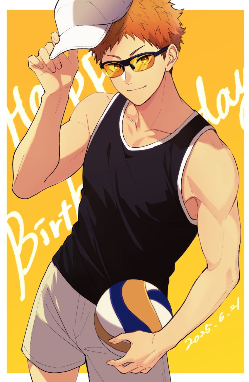 1boy aged_up ball black_tank_top border bright_7wt closed_mouth commentary_request haikyuu!! happy_birthday highres hinata_shouyou holding holding_ball looking_at_viewer male_focus orange_eyes orange_hair outside_border short_hair shorts solo tank_top tinted_eyewear volleyball_(object) white_border white_shorts yellow-tinted_eyewear yellow_background