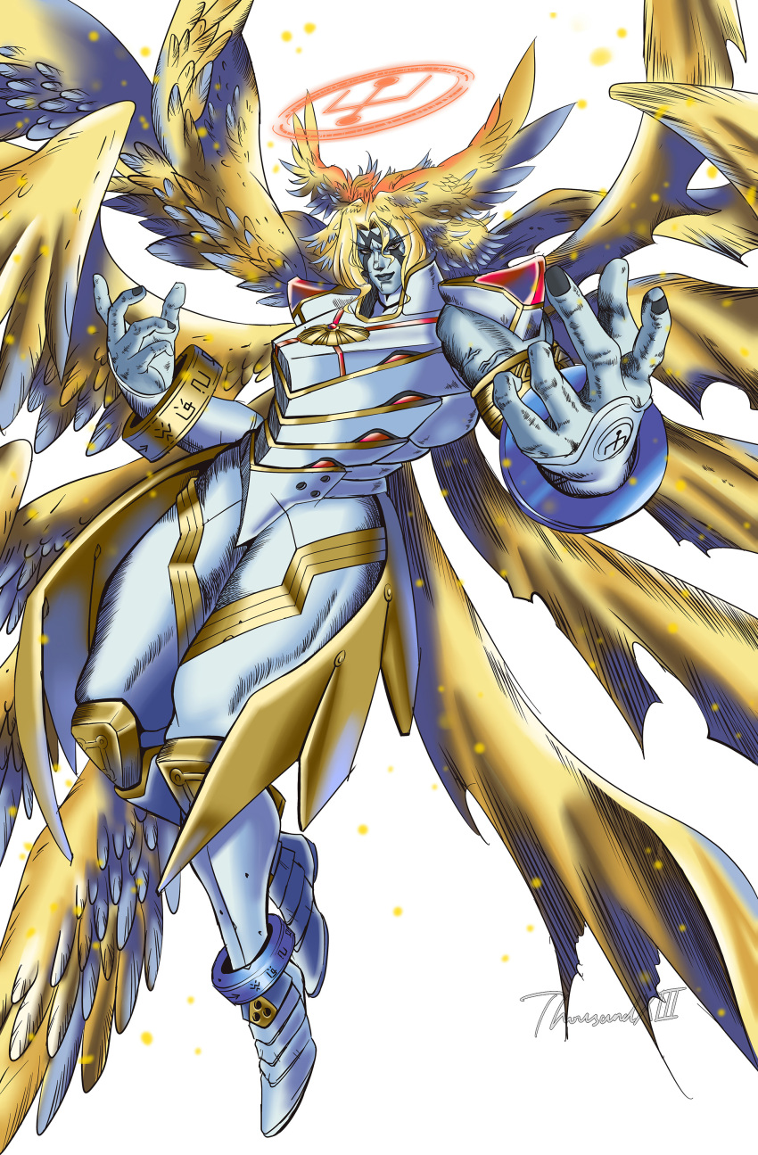 1boy absurdres armor blonde_hair digimon digimon_(creature) highres holy_ring jojo_pose lucemon_falldown_mode lucemon_x-antibody male_focus solo wings