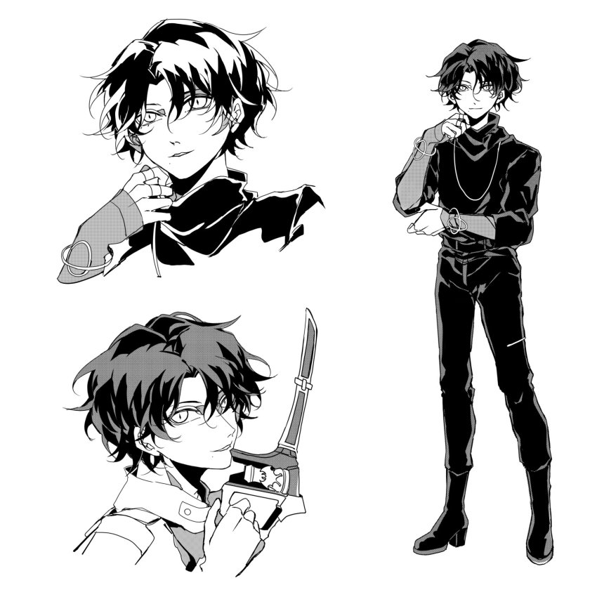 1boy ahoge armband armor bat_(animal) bat_genome bishounen black_footwear black_hair black_nails black_pants crossed_arms cyuer11 evil_eyes evil_grin evil_smile evilblade fenix_uniform gloves goth_fashion grin henshin highres holding holding_sword holding_weapon igarashi_daiji kagerou_(kamen_rider_revice) kamen_rider kamen_rider_revice knees_up limited_palette long_sleeves looking_at_viewer male_focus nail_polish open_hand pants possessed reference_sheet shoes short_hair simple_background smile standing sword two_sidriver upper_body vest villain_pose vistamp weapon white_gloves white_pants