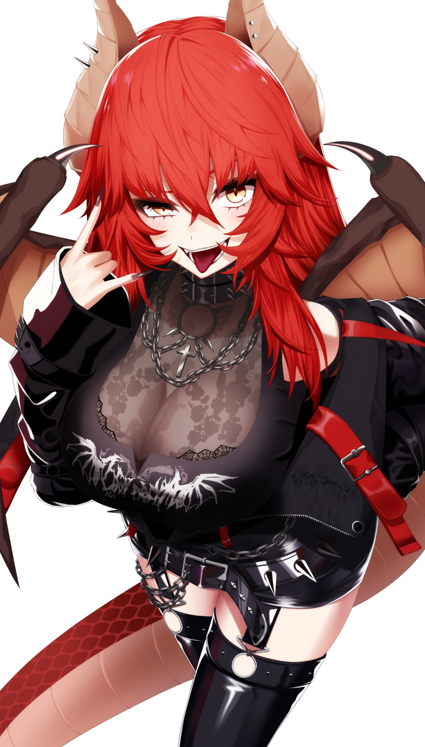 1girl absurdres belt black_belt black_collar black_jacket black_nails black_shirt black_skirt black_thighhighs breasts collar cross cross_necklace dragon_girl dragon_tail dragon_wings highres jacket jewelry large_breasts long_hair looking_at_viewer nail_polish necklace open_mouth red_hair shirt skirt smile solo spiked_belt spiked_collar spikes tail takamiya_nao thighhighs tongue tongue_out virtual_youtuber vshojo wings yellow_eyes zentreya zentreya_(dragon) zentreya_(dragon)_(metalheads)