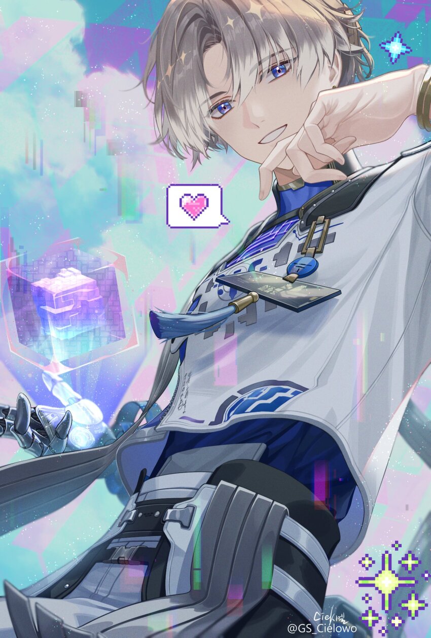 belt blue_eyes brown_hair cube emoji gs_cielowo heart highres id_card looking_at_viewer mechanical_arms single_mechanical_arm smile wuthering_waves xiangli_yao_(wuthering_waves)