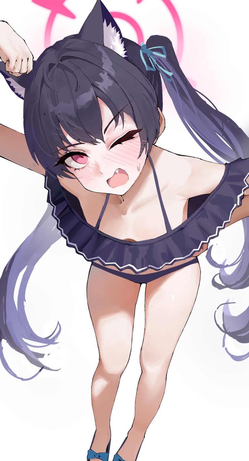 1girl absurdres animal_ear_fluff animal_ears bikini black_bikini blue_archive cat_ears djan extra_ears frilled_bikini frills halo highres off-shoulder_bikini off_shoulder official_alternate_costume pink_halo serika_(blue_archive) serika_(swimsuit)_(blue_archive) simple_background solo swimsuit white_background
