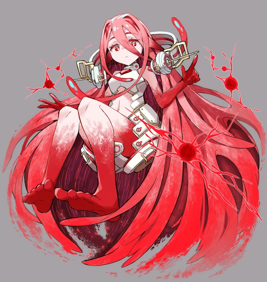 1girl armored_core armored_core_vi:_fires_of_rubicon ayre_(armored_core_vi) bare_shoulders barefoot breasts character_request closed_mouth commentary_request dress full_body grey_background gunjima_souichirou hair_intakes highres long_hair looking_at_viewer medium_breasts navel red_eyes red_hair simple_background sleeveless sleeveless_dress soles solo very_long_hair white_dress