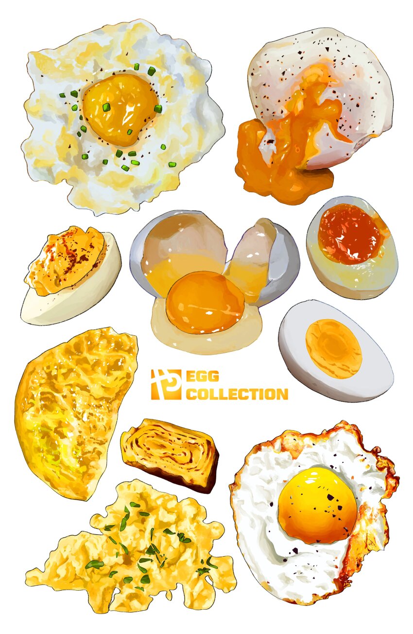 absurdres broken_egg chili_powder commentary deviled_egg egg egg_(food) egg_yolk eggshell english_commentary english_text food food_focus fried_egg garnish hardboiled_egg highres no_humans omelet original pepper_(spice) scrambled_egg simple_background softboiled_egg spring_onion still_life studiolg tamagoyaki white_background