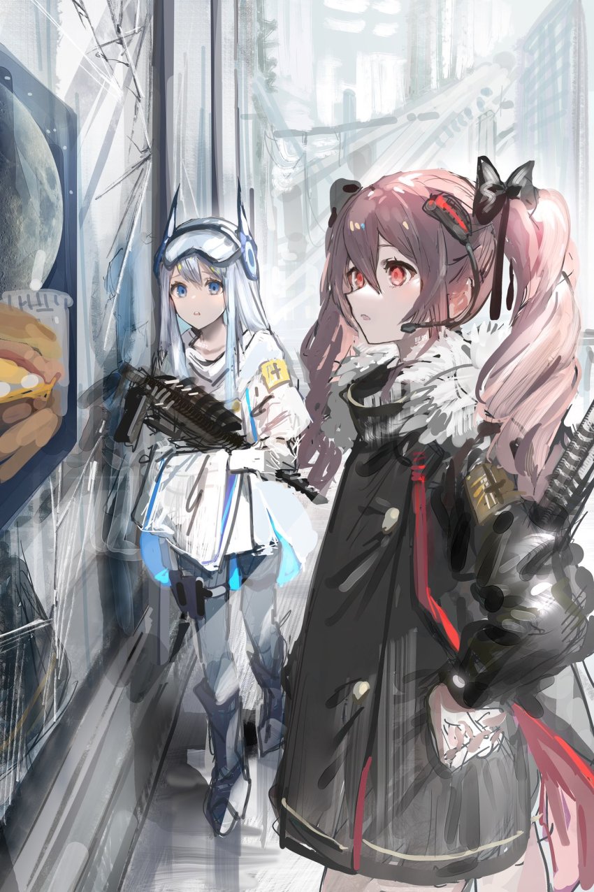 2girls ad armband black_jacket blue_eyes blue_footwear blue_legwear boots commentary_request fur-trimmed_jacket fur_trim gawako hands_on_own_hips headset highres holding holding_weapon holster jacket long_hair long_sleeves multiple_girls original outdoors parted_lips pink_hair red_eyes thigh_holster twintails visor weapon white_jacket