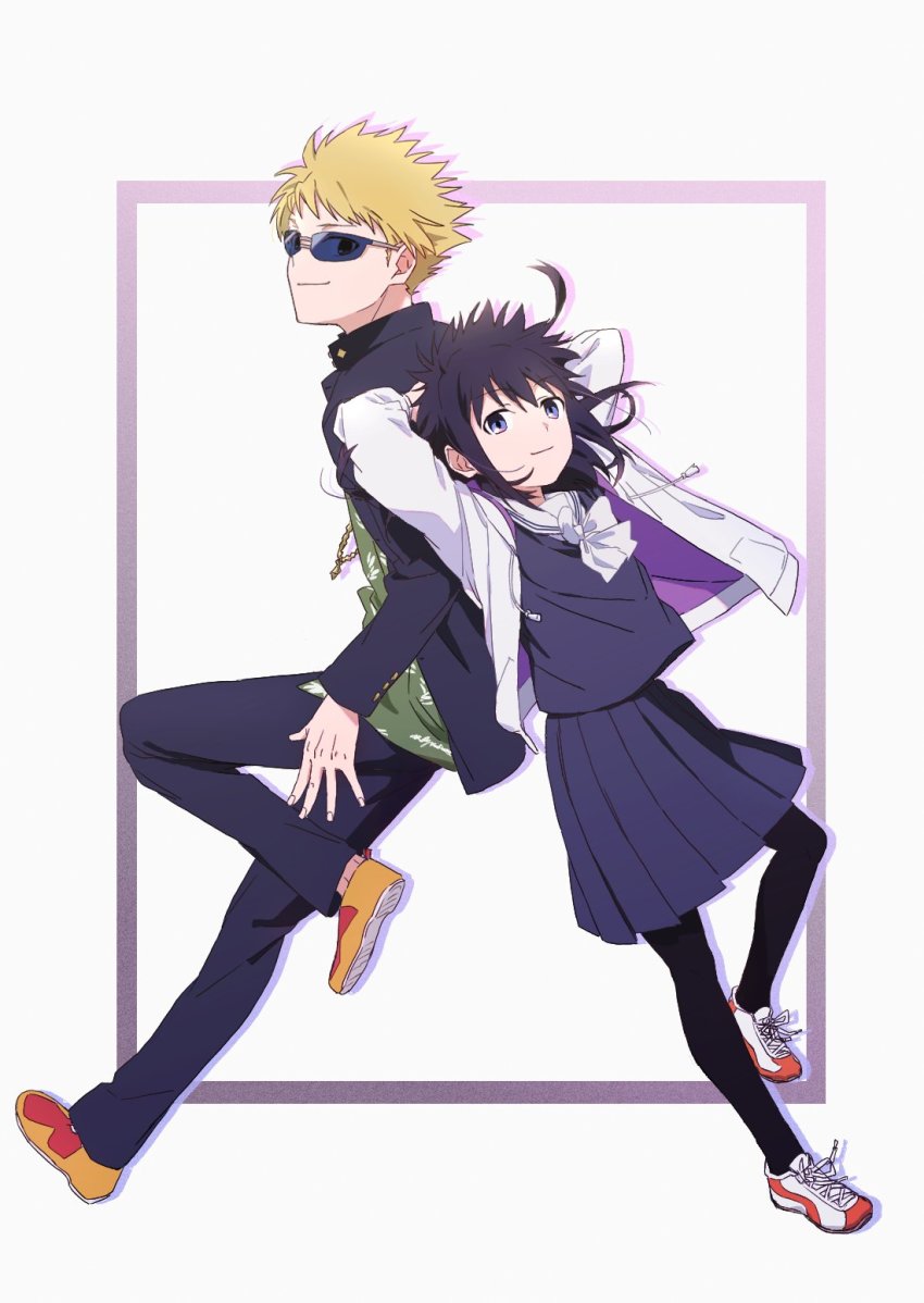 1boy 1girl black_hair black_jacket black_pants black_pantyhose black_serafuku black_skirt blonde_hair bow closed_mouth commentary_request full_body gakuran genderswap genderswap_(mtf) green_shirt highres hood hoodie jacket kamijou_touma long_sleeves orange_shoes pants pantyhose riyen1017 sailor_collar school_uniform serafuku shirt shoes skirt smile sneakers spiked_hair sunglasses thighhighs toaru_majutsu_no_index tsuchimikado_motoharu white_bow white_footwear white_hoodie white_sailor_collar white_thighhighs