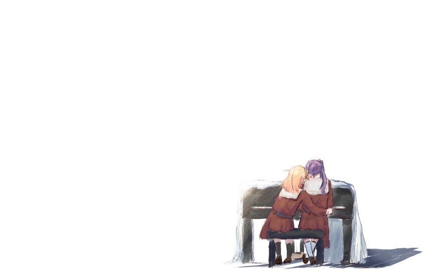 2girls absurdres brown_dress brown_shoes cerise_bouquet commentary crossed_bangs dress from_behind hair_ornament hasu_no_sora_school_uniform highres hikari863126 hinoshita_kaho hug instrument link!_like!_love_live! loafers long_hair long_sleeves love_live! medium_dress medium_hair multiple_girls negative_space orange_hair otomune_kozue piano piano_bench pleated_dress purple_hair rabbit_hair_ornament sailor_collar sailor_dress school_uniform shoes side_ponytail sitting socks two_side_up virtual_youtuber white_sailor_collar white_socks winter_uniform