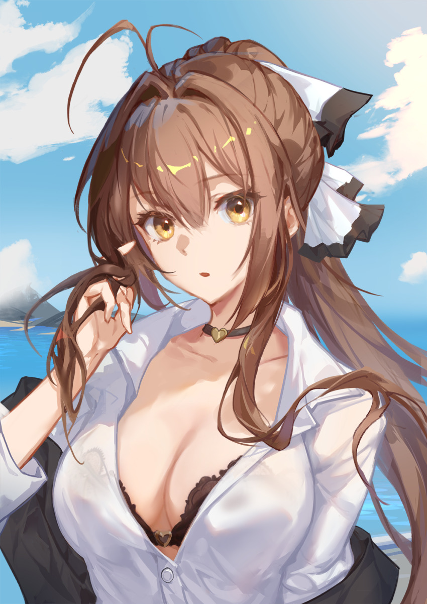 1girl amagi_brilliant_park ant bikini bikini_under_clothes black_bikini black_choker black_jacket blue_sky bow breasts brown_hair bug choker cleavage cloud collarbone commentary day english_commentary hair_bow heart heart_choker highres insect jacket long_hair long_sleeves looking_at_viewer medium_breasts off_shoulder open_clothes open_jacket outdoors parted_lips partially_unbuttoned pink_bow playing_with_own_hair ponytail sento_isuzu shirt sidelocks sky solo swimsuit taichi_(yirkorn) upper_body very_long_hair white_shirt yellow_eyes
