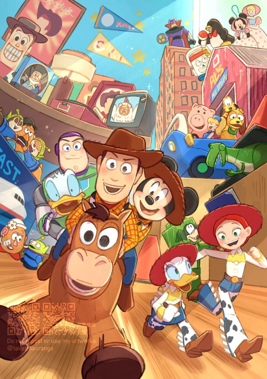 5girls 6+boys alien_(toy_story) barbie_(character) barbie_(franchise) blonde_hair bo_peep_(toy_story) brown_hair bullseye_(toy_story) buzz_lightyear cowboy_hat daisy_duck disney donald_duck goofy hat highres jessie_the_yodeling_cowgirl long_hair long_sleeves looking_at_viewer mickey_mouse minnie_mouse mr._potato_head multiple_boys multiple_girls rex_(toy_story) sheriff_woody shirt short_hair smile takatmaorange toy_story toy_story_2