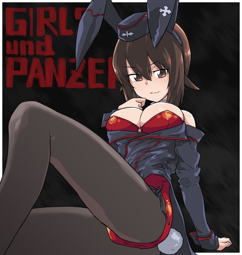 1girl animal_ears ass black_background black_pantyhose blush breasts brown_eyes brown_hair cleavage closed_mouth copyright_name crotch fake_animal_ears fake_tail girls_und_panzer highres large_breasts leotard looking_at_viewer monolith_(suibou_souko) nishizumi_maho pantyhose playboy_bunny rabbit_ears rabbit_tail red_leotard short_hair simple_background smile solo tail