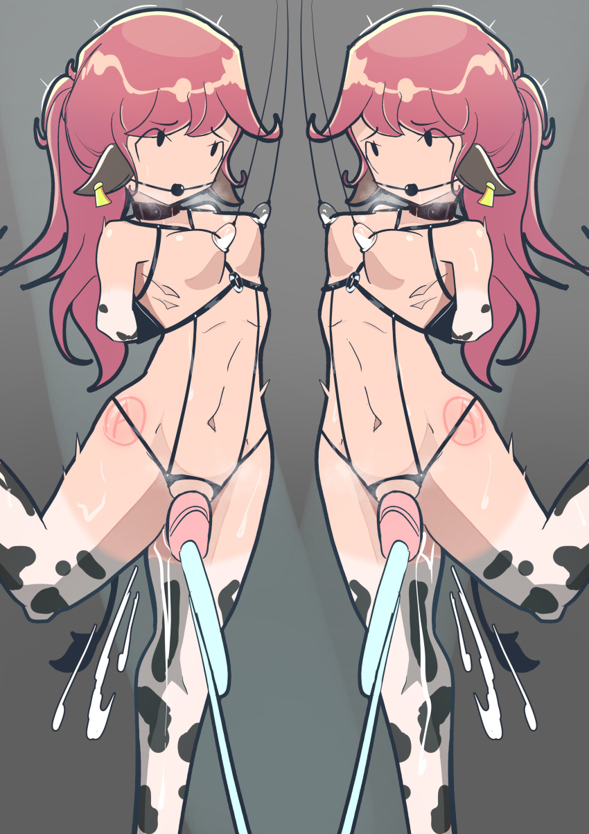 2girls absurdres animal_ears animeretrograde bdsm bondage bound cow_ears cow_girl cum highres human_cattle milking milking_machine multiple_girls ponytail sex_toy siblings sisters slave sweat twins vibrator