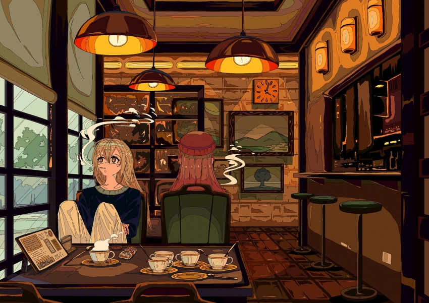 2girls analog_clock artdroiiid_ii bar_(place) bar_stool beanie blue_sweater bright_pupils brown_eyes brown_hair cafe ceiling_light chair cigarette cigarette_pack clock closed_mouth commentary cup double-parted_bangs english_commentary expressionless from_behind hair_between_eyes hanging_light hat highres hill indoors knees_up long_bangs long_hair long_sleeves menu multiple_girls no_nose ocean on_chair original painting_(object) pants plate pull_cord sitting smoke smoking spoon steam stool straight_hair sweater table tea teacup tile_floor tile_wall tiles tree wall_lamp white_pants wide_shot window window_blinds yellow_pupils
