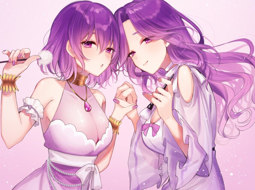 2girls 35jkk absurdres bare_shoulders bow bracelet breasts cleavage closed_mouth clothing_cutout collarbone dress gold_bracelet gold_collar hair_between_eyes highres holding holding_brush holding_hands indie_virtual_youtuber interlocked_fingers jewelry long_hair mimikaki multiple_girls pink_bow purple_dress purple_eyes purple_hair purple_nails see-through_cleavage see-through_clothes short_hair shoulder_cutout virtual_youtuber white_dress yuuri_(vtuber)