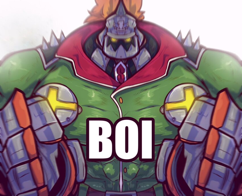 1boy bara boo_rad13y coat english_text gloves glowing glowing_eyes guilty_gear huge_pectorals humanoid_robot impact_(font) large_hands looking_at_viewer male_focus motion_blur muscular muscular_male potemkin_(guilty_gear) robot shoulder_spikes solo spikes straight-on upper_body