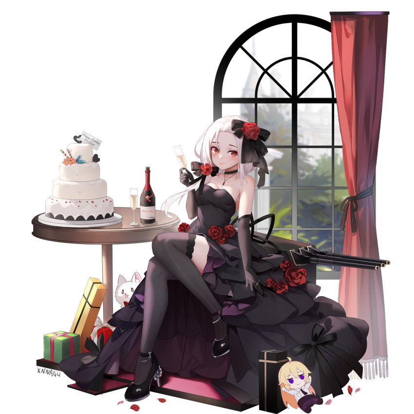 1girl black_choker black_dress black_gloves black_thighhighs breasts cake champagne_flute choker cleavage cup dress drinking_glass elbow_gloves food forehead gloves high_heels highres holding holding_cup jewelry long_hair looking_at_viewer medium_breasts necklace red_eyes sitting smile strapless strapless_dress thighhighs vittorio_veneto_(warship_girls_r) warship_girls_r white_hair xnnagu