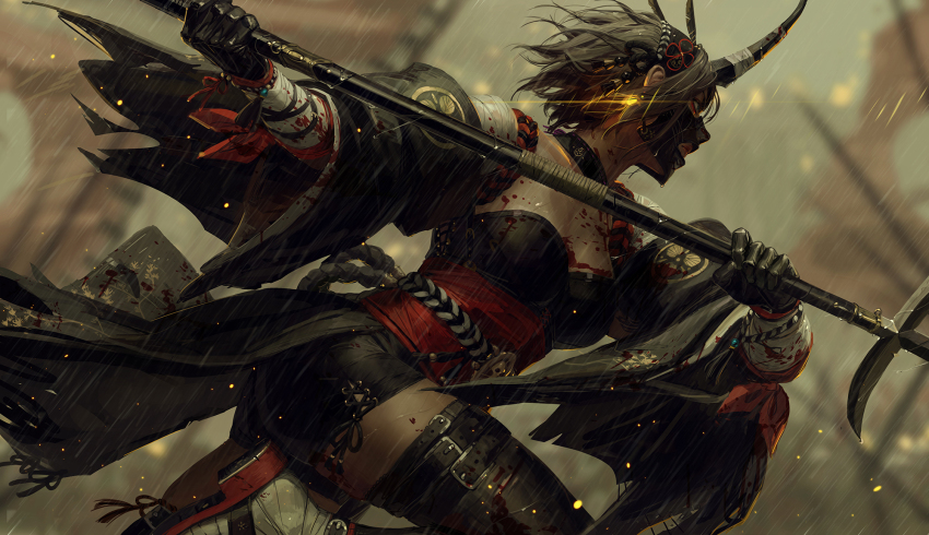 1girl bandaged_arm bandaged_foot bandages black_footwear black_gloves black_shorts black_sleeves black_thighhighs blood blurry blurry_background breasts commentary depth_of_field detached_sleeves from_side gloves guweiz highres holding holding_weapon juumonji_yari long_sleeves mask medium_breasts obi original profile rain running sash short_shorts shorts solo symbol-only_commentary thighhighs weapon weapon_request wide_sleeves yari