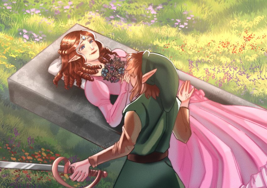 1boy 1girl awakening blue_eyes dress elf flower grass hat highres link long_sleeves looking_at_another lying nintendo pillow pink_dress pointy_ears princess_zelda red_hair sword the_legend_of_zelda tunic weapon zelda_ii:_the_adventure_of_link