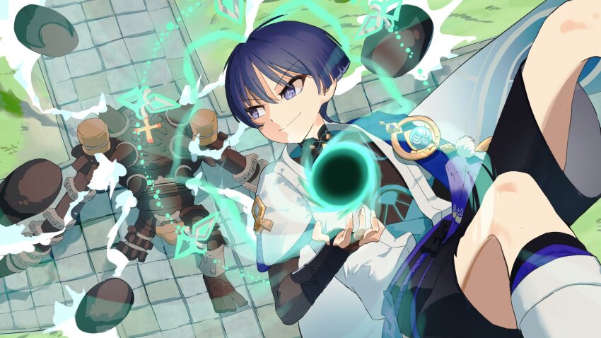 1girl anemo_symbol_(genshin_impact) armor battle belt black_belt black_bodysuit black_bow black_bridal_gauntlets black_leggings black_shorts blue_gemstone blue_kimono blue_sleeves blunt_ends bodysuit bow bridal_gauntlets bright_pupils closed_mouth consonant_n feathers fighting fingernails from_above furisode gem genshin_impact glowing_markings hair_between_eyes han&#039;eri hand_up highres japanese_armor japanese_clothes kimono kote kurokote layered_kimono layered_sleeves leg_warmers leggings looking_back male_focus mandarin_collar mecha missile open_clothes open_hand open_kimono pom_pom_(clothes) purple_eyes purple_hair purple_rope purple_sash robot rope ruin_guard_(genshin_impact) sash scaramouche_(genshin_impact) short_sleeves shorts slit_pupils smile split_mouth tassel tsurime v-shaped_eyebrows vision_(genshin_impact) vortex wanderer_(genshin_impact) white_kimono white_leg_warmers white_pupils white_sleeves wispy_bangs yellow_feathers